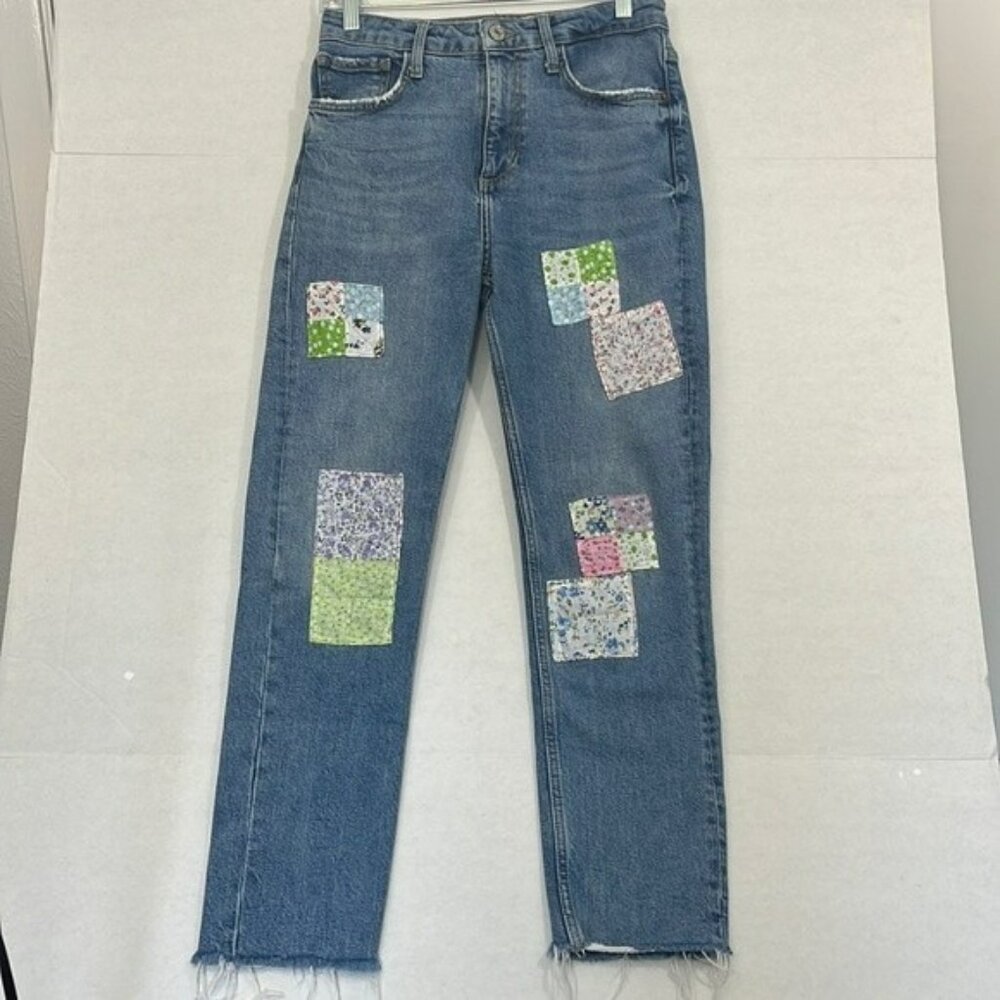 Zara High Rise Jeans, Patchwork Patches, Raw Hem, Distressed, 6